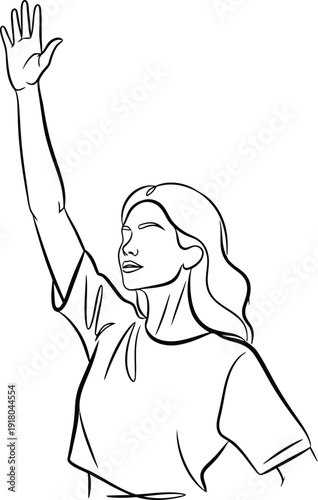Minimalist continuous line drawing depicts a determined woman raising her hand high in a powerful gesture of protest voting or asking a question
