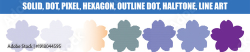 Flower in various styles and colors for graphic design solid, dot, pixel, hexagon, outline dot, halftone, and lines effects