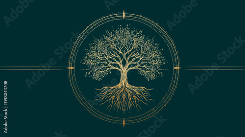 Intricate golden Tree of Life illustration with roots in a decorative circle frame against a deep teal background, symbolic art.