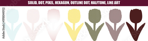 Tulip  in Various Styles and Colors for Graphic Design solid, dot, pixel, hexagon, outline dot, halftone, and lines effects