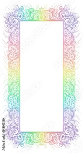 Ornate rectangular border design features delicate hand drawn floral scrollwork in soft pastel rainbow colors