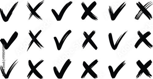 Hand drawn black brush stroke check mark and cross icon set, grunge tick and x symbols