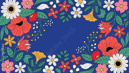 Very beautiful spring flower frame on a serene blue background with generous copy space, designed as a fresh flat lay mockup ideal for invitations, greeting cards, and seasonal promotions.