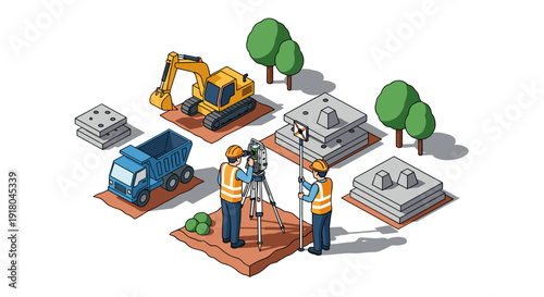 Construction Workers Surveying Land with Equipment.