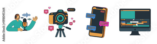 Flat Vector Content Creator Digital Production Graphic Set for Social Media Influencer and Podcast Branding
