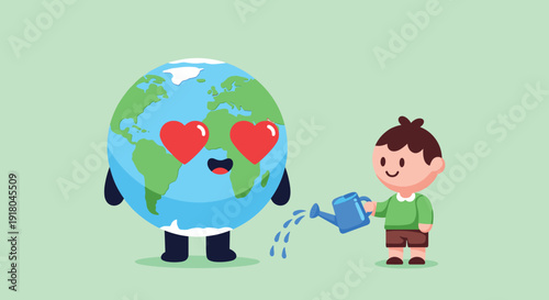 Cartoon Earth with Heart Eyes Being Watered.