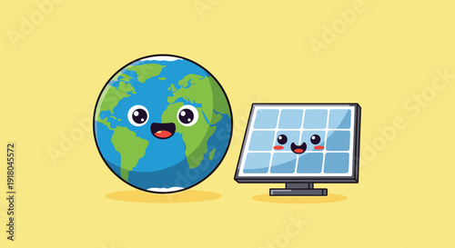 Cartoon Earth and Computer Monitor with Smiling Faces.