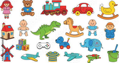 Cute kids toy and character illustration set featuring dolls, teddy bear, train, car, dinosaur, rocking horse, airplane, blocks, and playful cartoon elements
