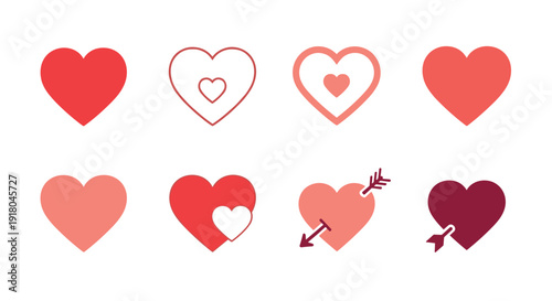 Collection of eight different red and pink heart icons with varied styles and designs. Vector illustration
