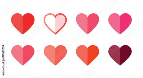 Collection of eight flat design hearts in various shades of red and pink. Vector illustration