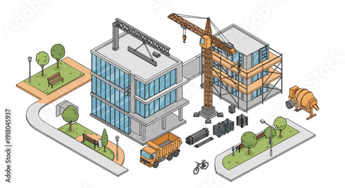 Isometric Construction Site with Buildings and Machinery.