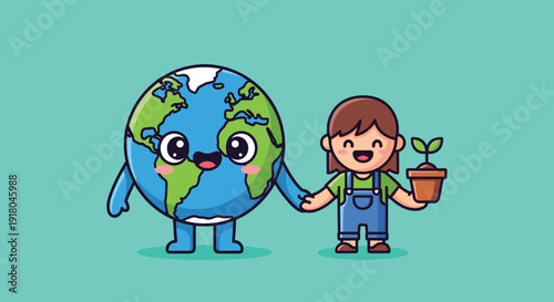 Cartoon Earth Character with Gardener.