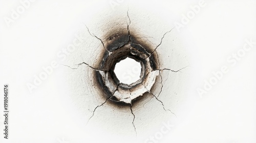 Close-up of a bullet hole in a white wall with smoke and cracks spreading outwards.