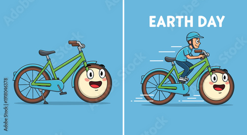 Cartoon Bicycle with Smiling Wheels Riding.