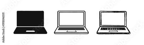Laptop Icons in Black Silhouette, Line Art, and Textured Hand-Drawn Sketch Style for Digital Use.