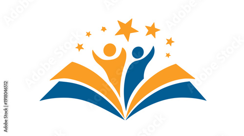 Open book with dynamic figures reaching for stars, symbolizing education, knowledge, success, community learning, and personal achievement