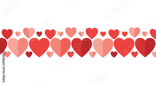 Seamless pattern of red and pink hearts in varying sizes and shades for Valentine's Day