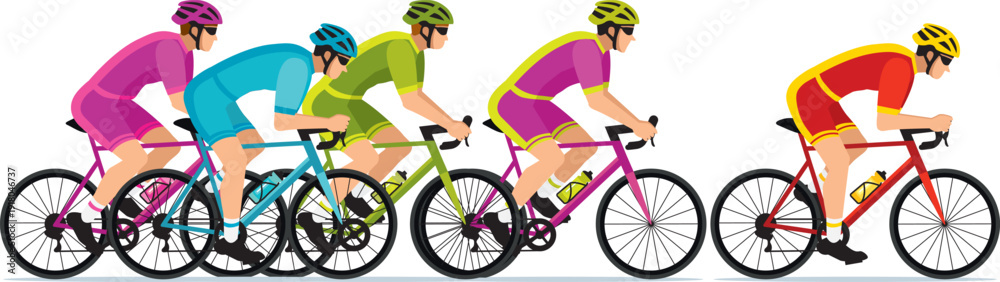 Obraz premium Banner of cyclists competing in a cycling race, wearing colorful jerseys. Hand-drawn vector illustration IV.