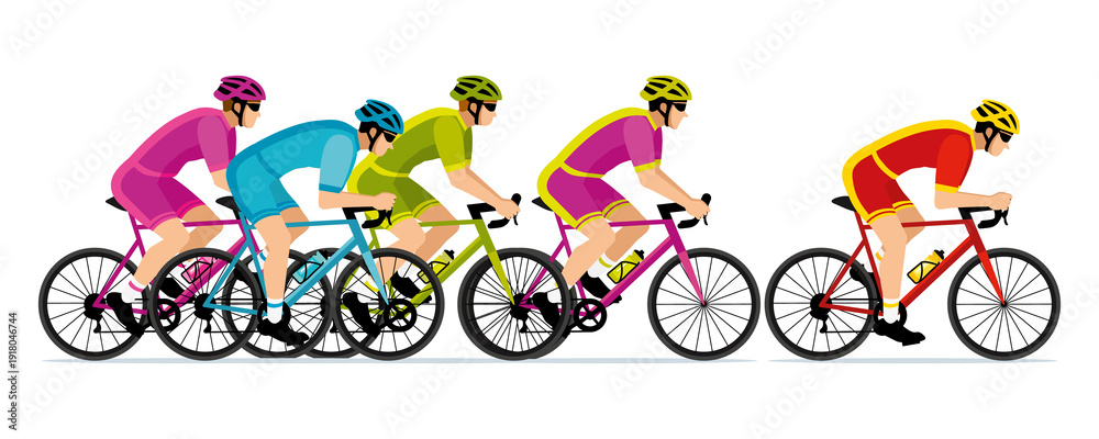 Fototapeta premium Banner of cyclists competing in a cycling race, wearing colorful jerseys. Hand-drawn illustration III.