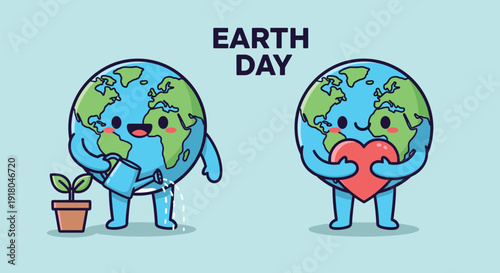 Cartoon Globe Characters Planting and Polluted.