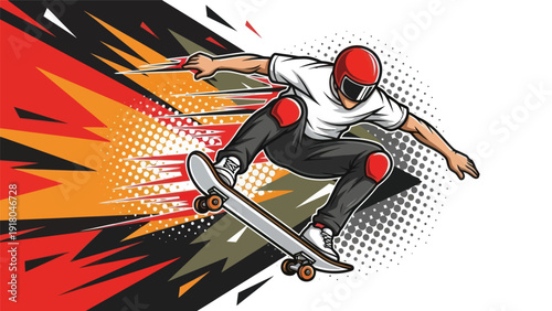 Skateboarder performing action sport vector illustration on white background