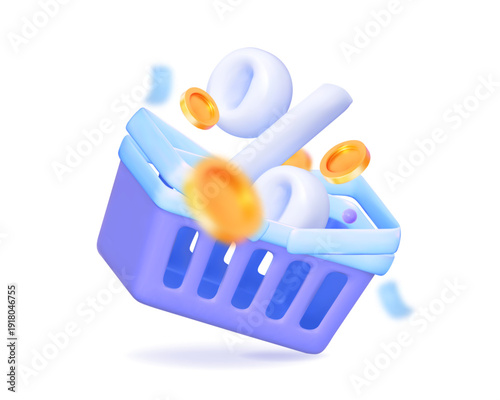  3D vector shopping basket with percentage sign and golden coins. Concept of online sale, cashback rewards, and retail discount offer.