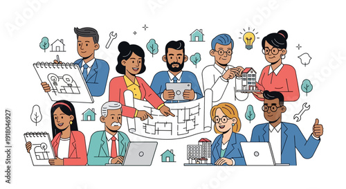 Diverse team collaborating on innovative architectural project with blueprints