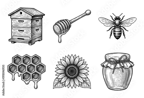 Vintage woodcut style collection of beekeeping elements including beehive honey dipper bee honeycomb sunflower and glass jar.