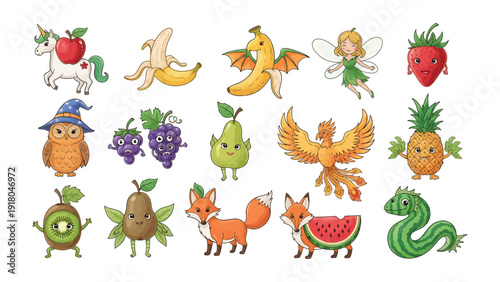 Whimsical Cartoon Characters: A collection of cheerful and fantastical cartoon characters. Including apple unicorn, happy banana, dragon banana, fairy, strawberry, owl, grapes, pear, phoenix.