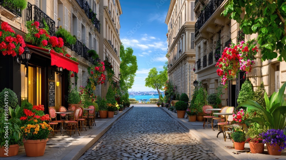 Fototapeta premium Charming Parisian Street with Cobblestones, Colorful Flowers, Cozy Cafes, and Scenic View by the Water in a Beautiful European Setting