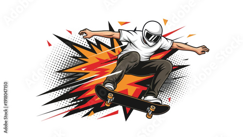 Skateboarder performing trick against comic book style burst background