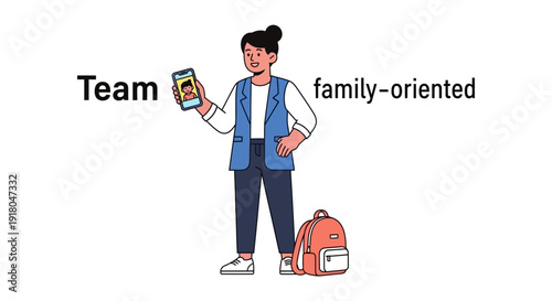 Smiling young professional with family photo on phone and backpack