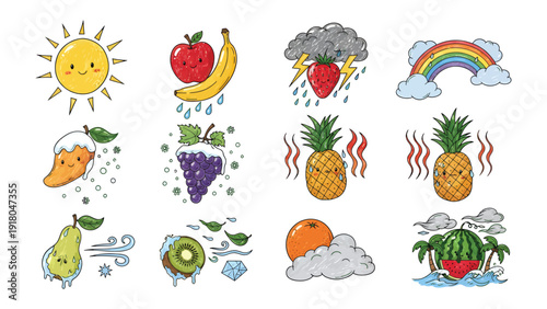 Cheerful Fruit Weather Icons: An adorable set of cartoon fruit icons, each depicting a different weather phenomenon, from sunshine to storms, designed to brighten any project. 