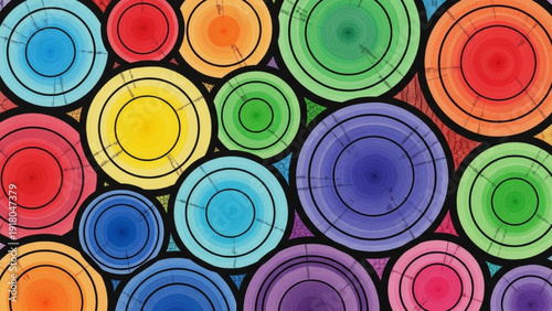 High-Quality Black Outline Colorful Art of Concentric Circles with Subtle Variations, Balance and Rhythm Texture