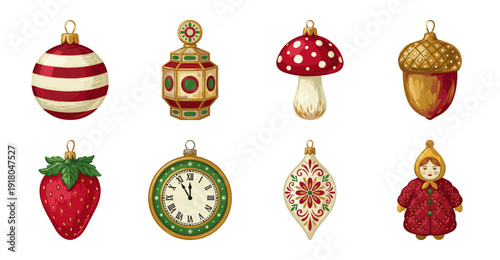 Vintage Christmas Ornaments Collection, Festive Vector Illustration Set
