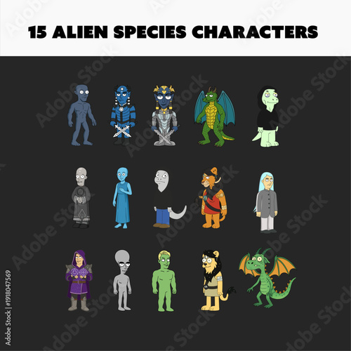 Set of 15 Unique Alien Species Characters, Cartoon Extraterrestrial Creatures and Fantasy Monsters