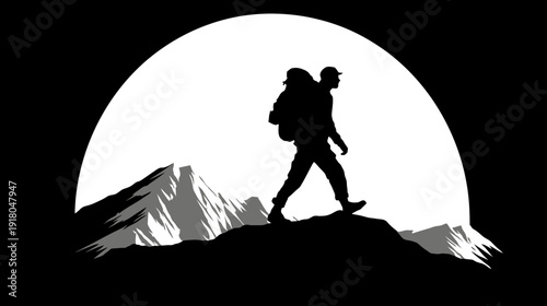 Hiking adventure silhouette of a person with a backpack climbing a mountain peak. Outdoor exploration, travel, and challenge concept.