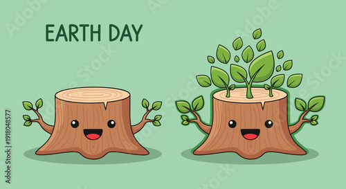 Happy Cartoon Tree Stumps with Leaves.