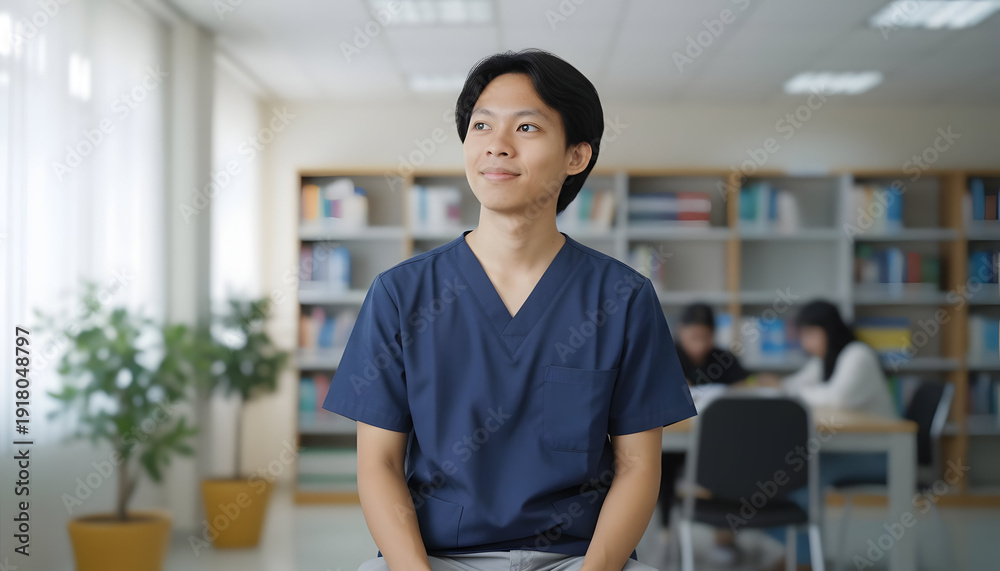 Fototapeta premium Asian man in medical scrubs sits in library looking ahead with bookshelf and plants in background creating serene atmosphere