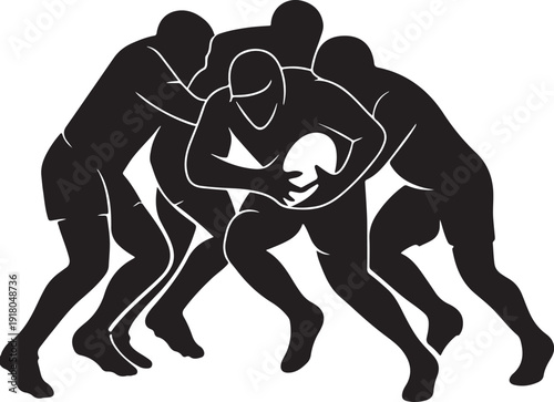 Rugby players tackling in scrum, dynamic group silhouette.

