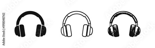 Headphones Icons Set. Earphones in Solid, Outline, and Hand-Drawn Styles for Music and Audio Devices.