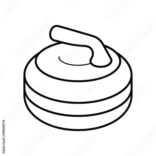 Curling stone with handle resting on ice surface in a sport setting