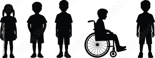 Children silhouettes standing together, diversity inclusion concept, boy in wheelchair, group of kids, equality, friendship, teamwork, childhood unity, support