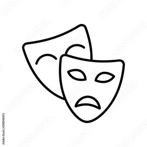 Contrasting theater masks symbolizing joy and sadness in black and white line art