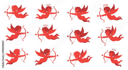 Collection of red cupid silhouettes with bows and arrows, some with halos, on white background