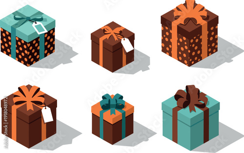 Collection of isometric gift boxes with ribbons and tags for various occasions