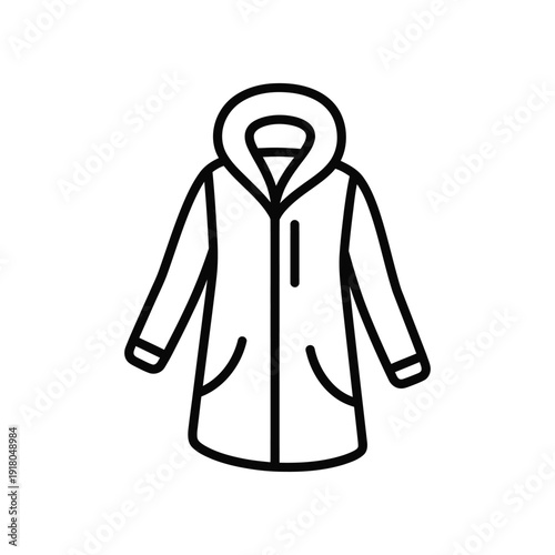 A stylish hooded coat with front pockets and a zipper closure depicted in a minimalist line drawing.