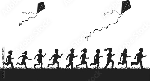 Children running outdoors, flying kites in sky, joyful playtime, silhouette illustration, active kids, park recreation, summer fun, playful activity, happiness