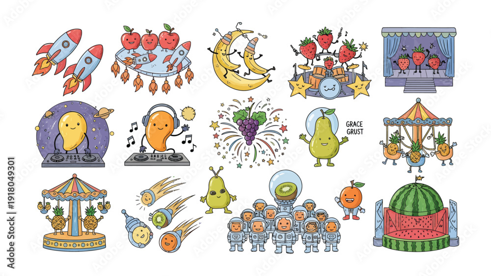 Obraz premium Whimsical Fruity Universe: A vibrant assortment of anthropomorphic fruits and rockets on a journey to the stars, depicting playful exploration and vibrant creativity.
