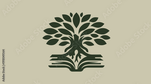 Symbolic tree growing from open book icon representing knowledge, education, nature, learning, wisdom, growth, and environmental concepts